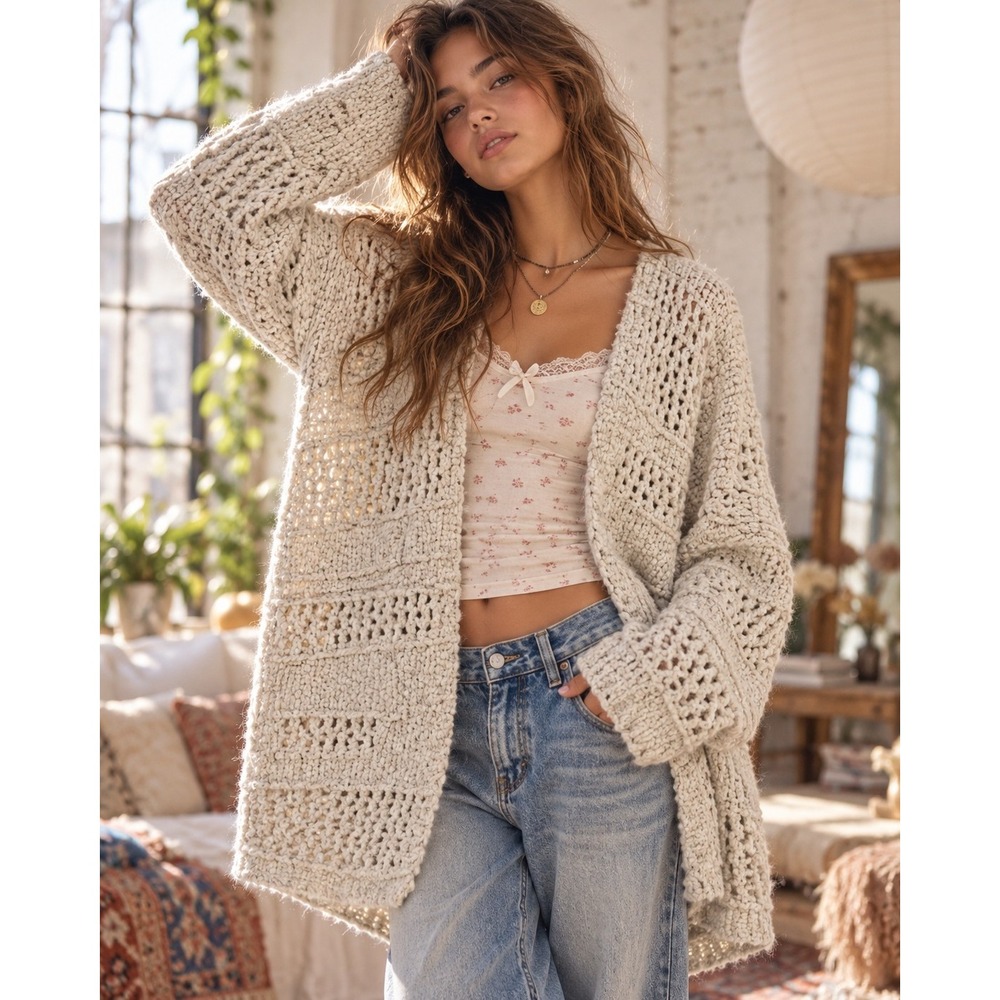 Free People Chunky Crochet Cardigan Sweater Y2K Boho Oversized Open Cozy M/L